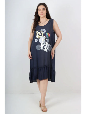 Italian Metallic Print Sleeveless Frill Hem Vest Midi Dress