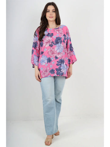 Italian Multi Floral Print Cotton Tunic Top